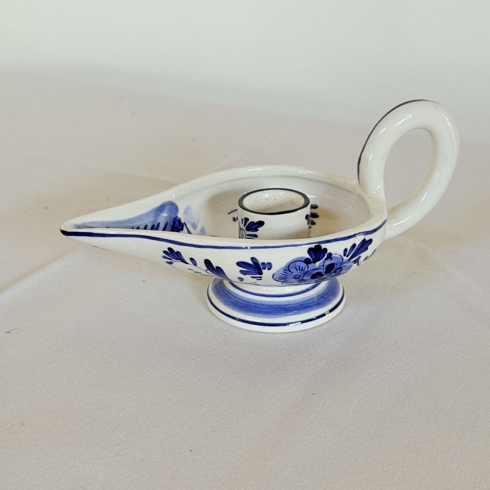 Delft Hand Painted Blue Floral Taper Candle Holder Ceramic Vintage Holland